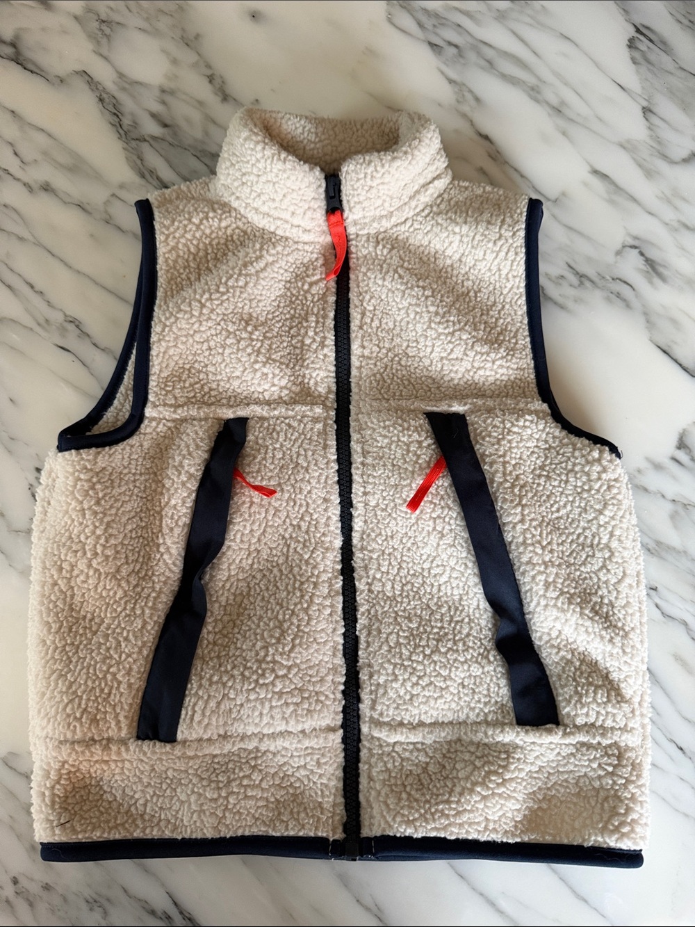 Old Navy Cream Sherpa Vest with Navy Trim and Red Accents boys 6-7